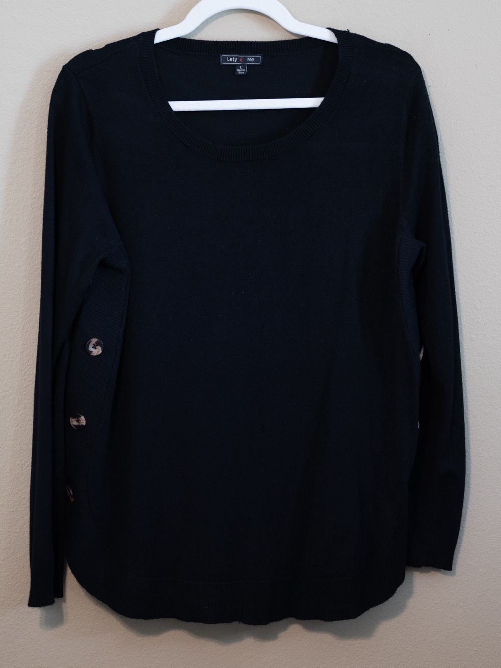 Lety & Me Black Sweater Decorative Button Side Detail